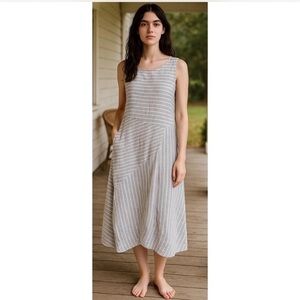 J Jill Love Linen Dress blue White Striped Asymmetrical Seam Midi Pockets XSP